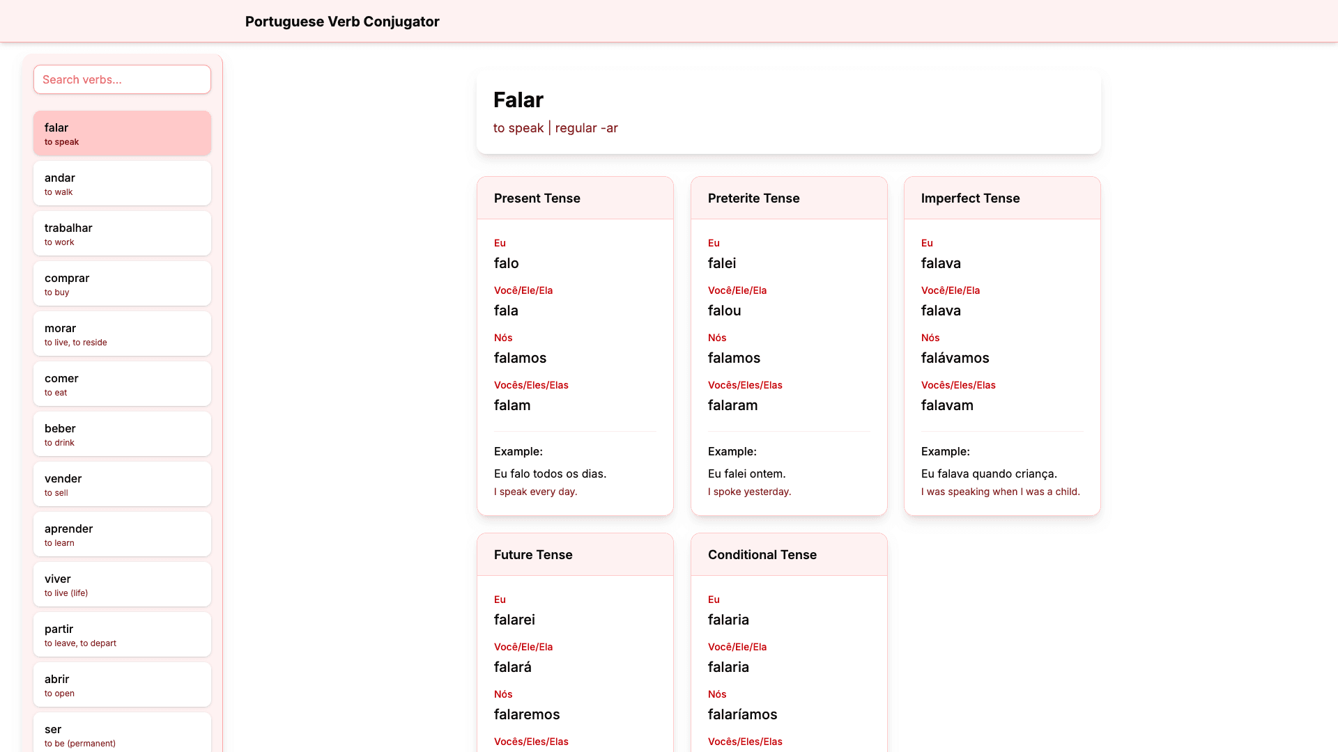 Verbos - Brazilian Portuguese Verb Conjugator project preview